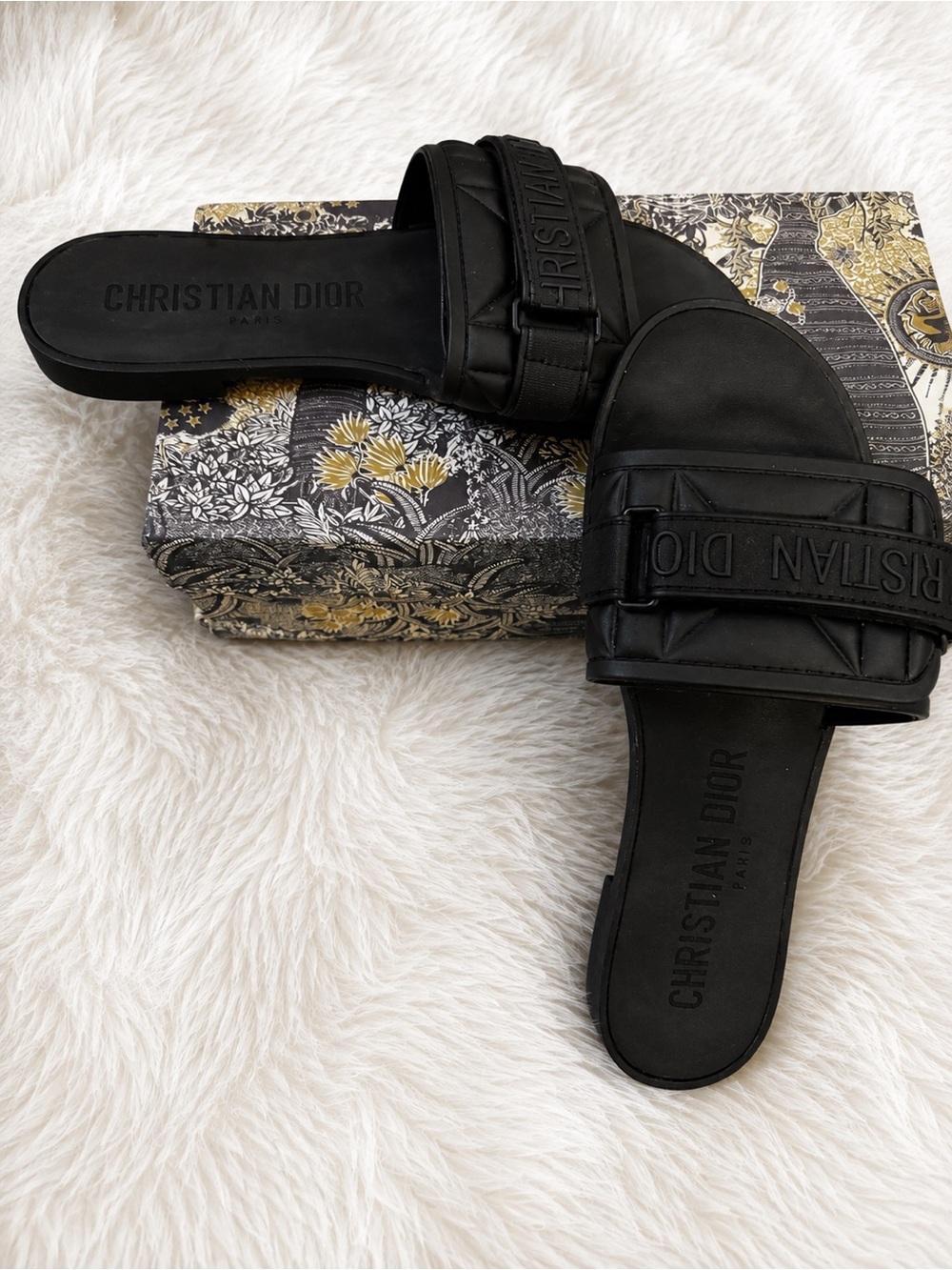 Dior Black Embossed Logo Slide Sandals - Picture 2 of 5